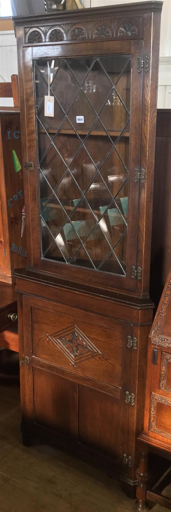 Reproduction carved oak corner display cabinet